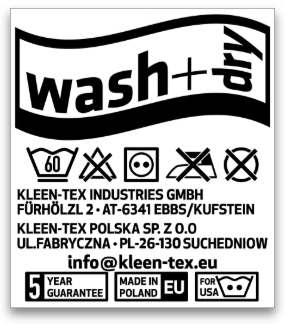 Pflegeetikett wash+dry by KLEEN-TEX mit Waschsymbolen und Herstellerangaben